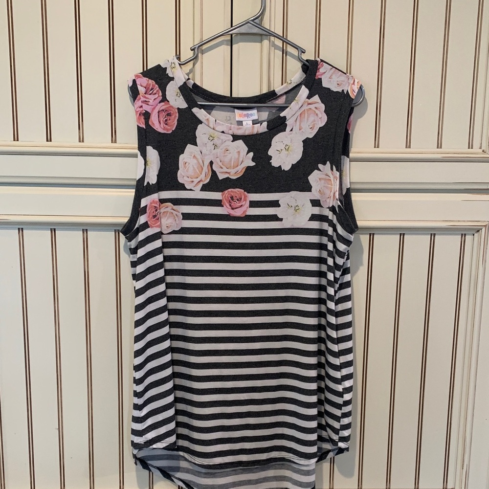 LuLaRoe Black Striped Tank with Pink Rose Print
